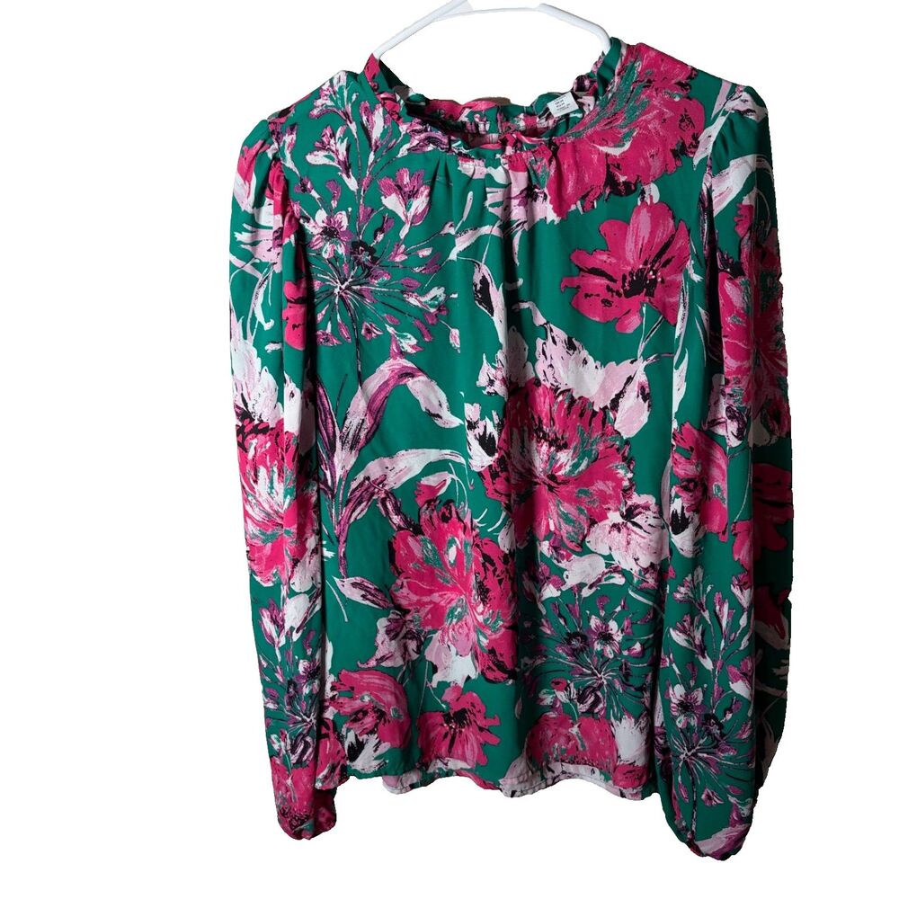 Carolina Belle Blouse Women's Medium Green Floral Long Sleeve Lightweight Shirt